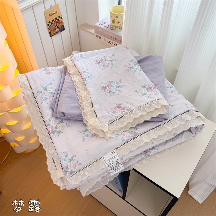 温眠家纺 2025新款云感双层纱镂空花边夏被四件套 梦露