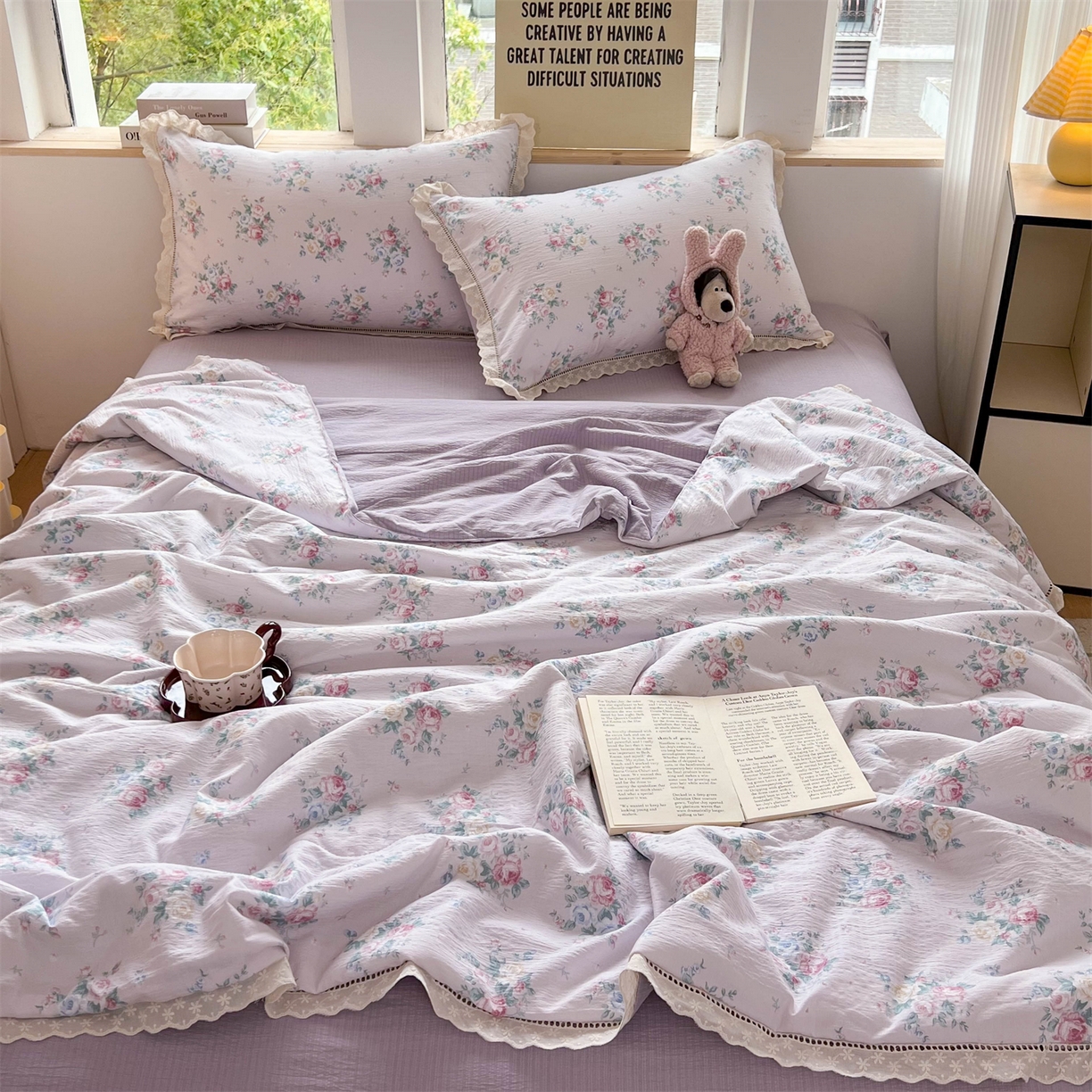 91家纺网 家纺一手货源 找家纺 温眠家纺 2025新款云感双层纱镂空花边夏被四件套 梦露