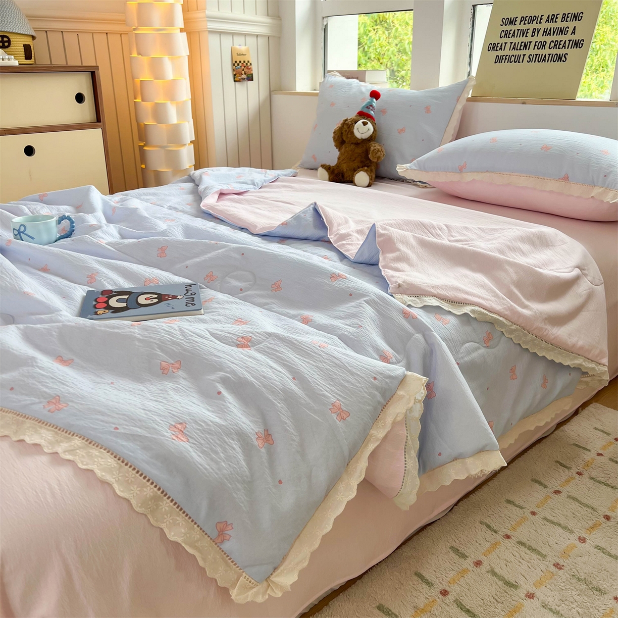 91家纺网 家纺一手货源 找家纺 温眠家纺 2025新款云感双层纱镂空花边夏被四件套 清新蝴蝶结