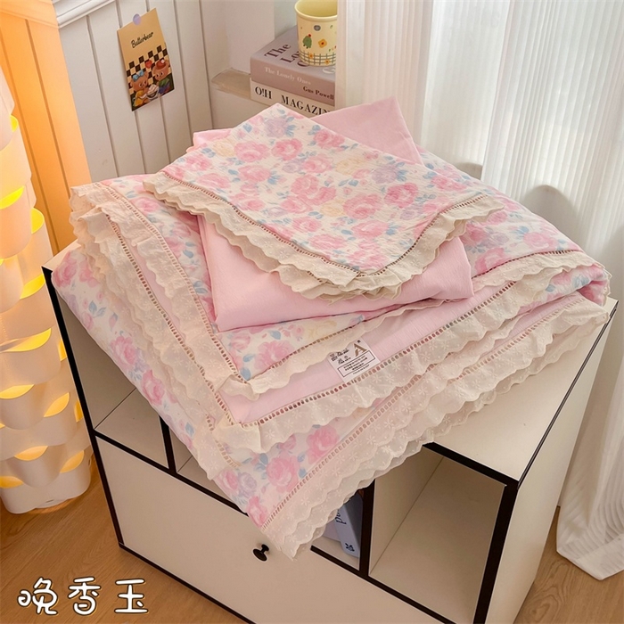 温眠家纺 2025新款云感双层纱镂空花边夏被四件套 晚香玉