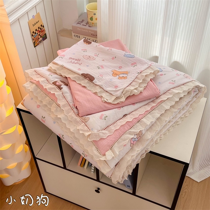 温眠家纺 2025新款云感双层纱镂空花边夏被四件套 小奶狗