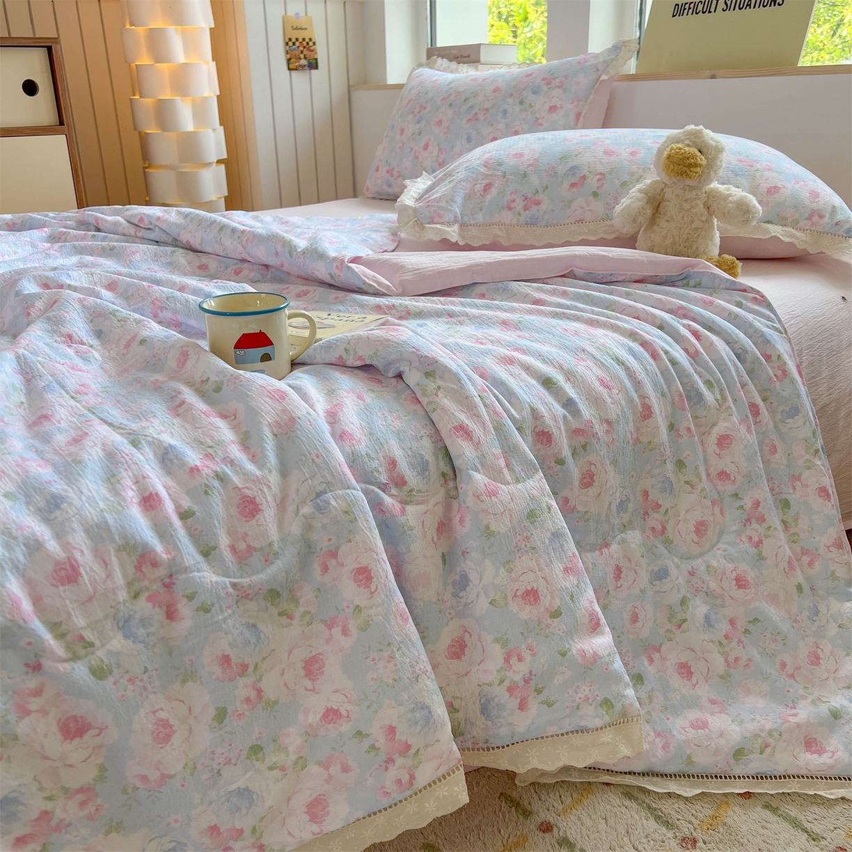 91家纺网 家纺一手货源 找家纺 温眠家纺 2025新款云感双层纱镂空花边夏被四件套 悠野