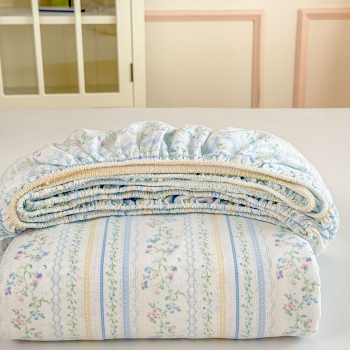 91家纺网 家纺一手货源 找家纺 （总）温眠家纺 2025春夏新款云感棉双层纱床笠单床笠枕套三件套