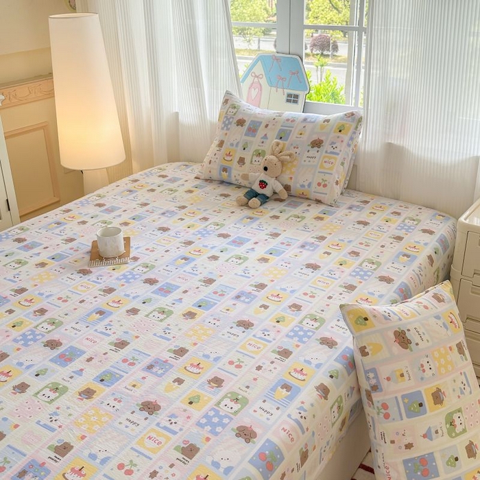 91家纺网 家纺一手货源 找家纺 温眠家纺 2025春夏新款云感棉双层纱床笠单床笠枕套三件套 春日花花