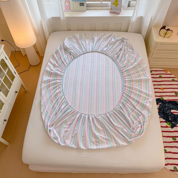 91家纺网 家纺一手货源 找家纺 温眠家纺 2025春夏新款云感棉双层纱床笠单床笠枕套三件套 遇见彩虹