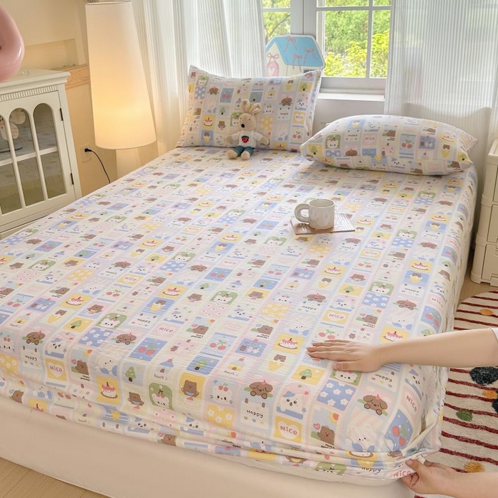 91家纺网 家纺一手货源 找家纺 温眠家纺 2025春夏新款云感棉双层纱床笠单床笠枕套三件套 春日花花