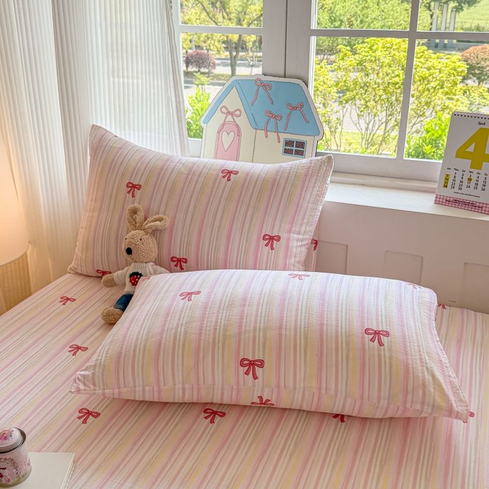 91家纺网 家纺一手货源 找家纺 温眠家纺 2025春夏新款云感棉双层纱床笠单床笠枕套三件套 蝴蝶结