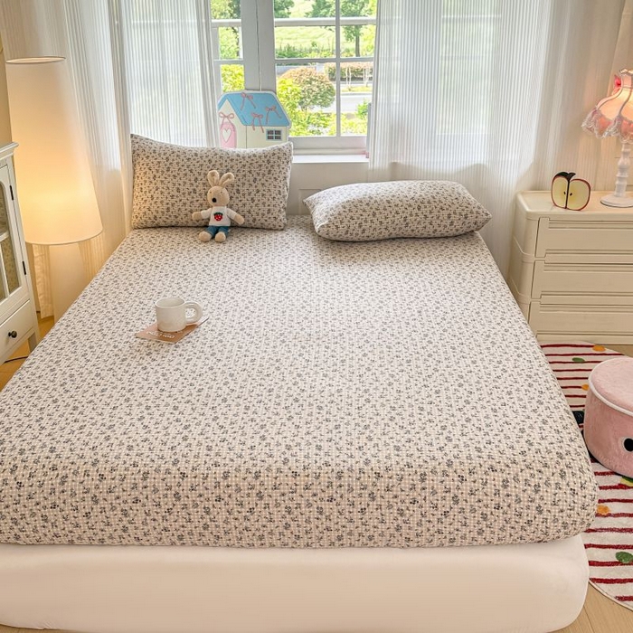 91家纺网 家纺一手货源 找家纺 温眠家纺 2025春夏新款云感棉双层纱床笠单床笠枕套三件套 失约温柔