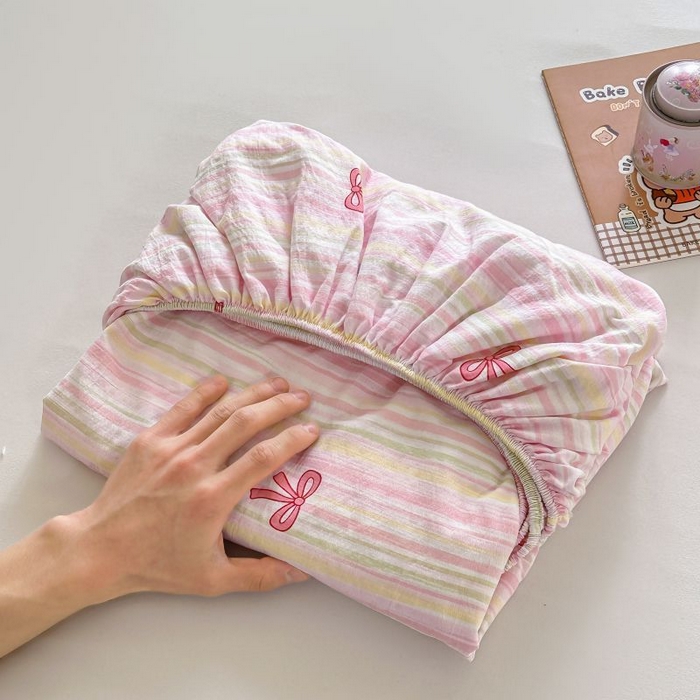 91家纺网 家纺一手货源 找家纺 温眠家纺 2025春夏新款云感棉双层纱床笠单床笠枕套三件套 蝴蝶结