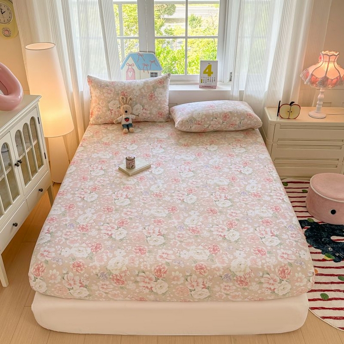 91家纺网 家纺一手货源 找家纺 温眠家纺 2025春夏新款云感棉双层纱床笠单床笠枕套三件套 国色芳华