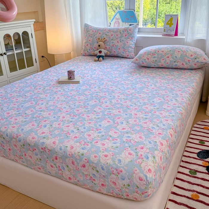 91家纺网 家纺一手货源 找家纺 温眠家纺 2025春夏新款云感棉双层纱床笠单床笠枕套三件套 晚香玉