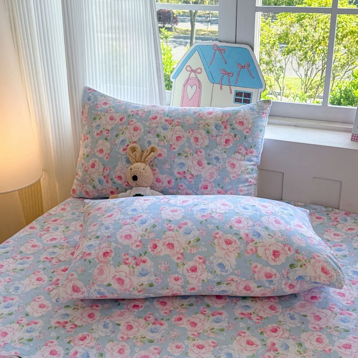 91家纺网 家纺一手货源 找家纺 温眠家纺 2025春夏新款云感棉双层纱床笠单床笠枕套三件套 晚香玉