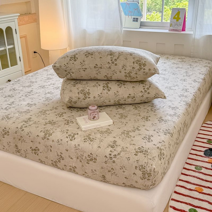 91家纺网 家纺一手货源 找家纺 温眠家纺 2025春夏新款云感棉双层纱床笠单床笠枕套三件套 秋风萧瑟