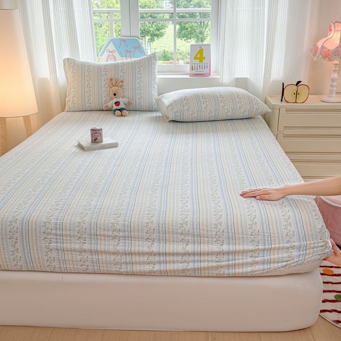 91家纺网 家纺一手货源 找家纺 温眠家纺 2025春夏新款云感棉双层纱床笠单床笠枕套三件套 洛克庄园