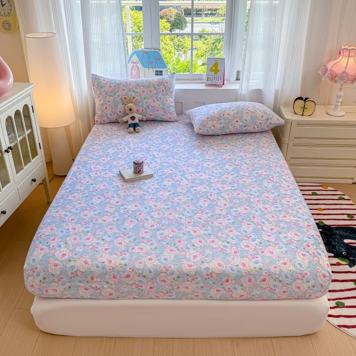 91家纺网 家纺一手货源 找家纺 温眠家纺 2025春夏新款云感棉双层纱床笠单床笠枕套三件套 晚香玉