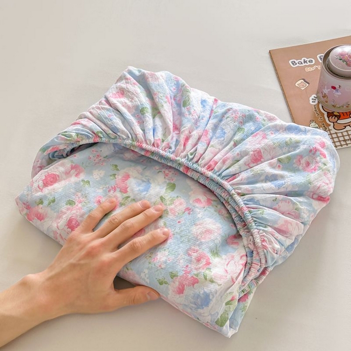 91家纺网 家纺一手货源 找家纺 温眠家纺 2025春夏新款云感棉双层纱床笠单床笠枕套三件套 晚香玉