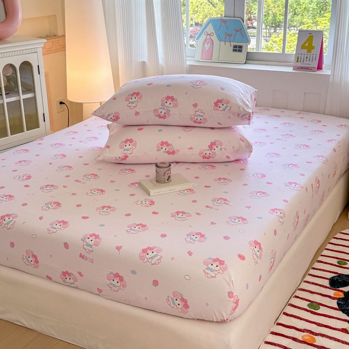 91家纺网 家纺一手货源 找家纺 温眠家纺 2025春夏新款云感棉双层纱床笠单床笠枕套三件套 莓乐蒂