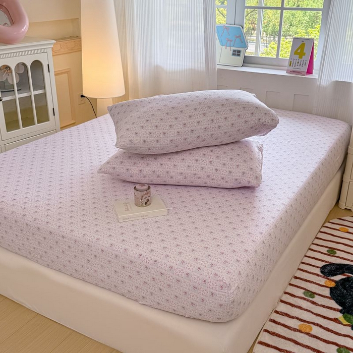 91家纺网 家纺一手货源 找家纺 温眠家纺 2025春夏新款云感棉双层纱床笠单床笠枕套三件套 琉璃瓦梦