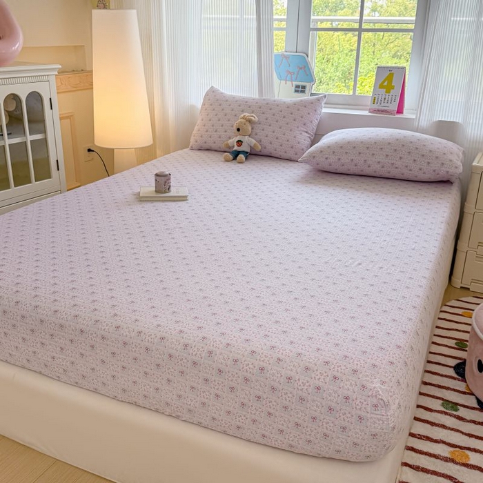 91家纺网 家纺一手货源 找家纺 温眠家纺 2025春夏新款云感棉双层纱床笠单床笠枕套三件套 琉璃瓦梦