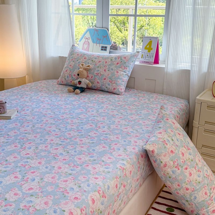 91家纺网 家纺一手货源 找家纺 温眠家纺 2025春夏新款云感棉双层纱床笠单床笠枕套三件套 晚香玉