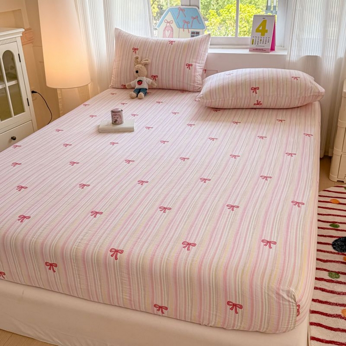 91家纺网 家纺一手货源 找家纺 温眠家纺 2025春夏新款云感棉双层纱床笠单床笠枕套三件套 蝴蝶结