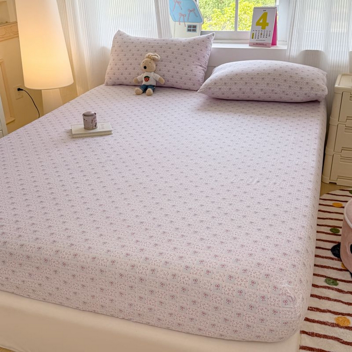 91家纺网 家纺一手货源 找家纺 温眠家纺 2025春夏新款云感棉双层纱床笠单床笠枕套三件套 琉璃瓦梦