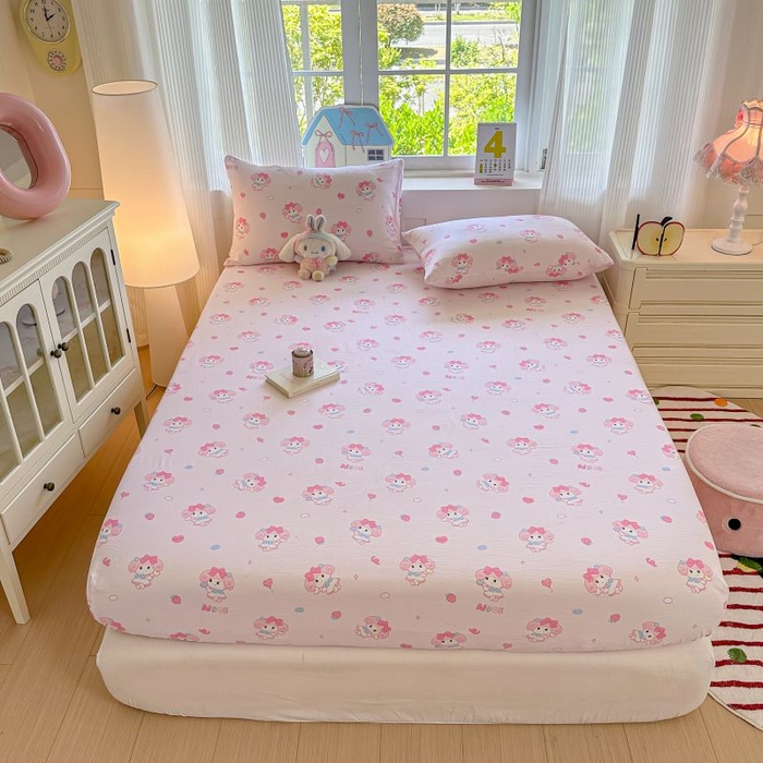 91家纺网 家纺一手货源 找家纺 温眠家纺 2025春夏新款云感棉双层纱床笠单床笠枕套三件套 莓乐蒂