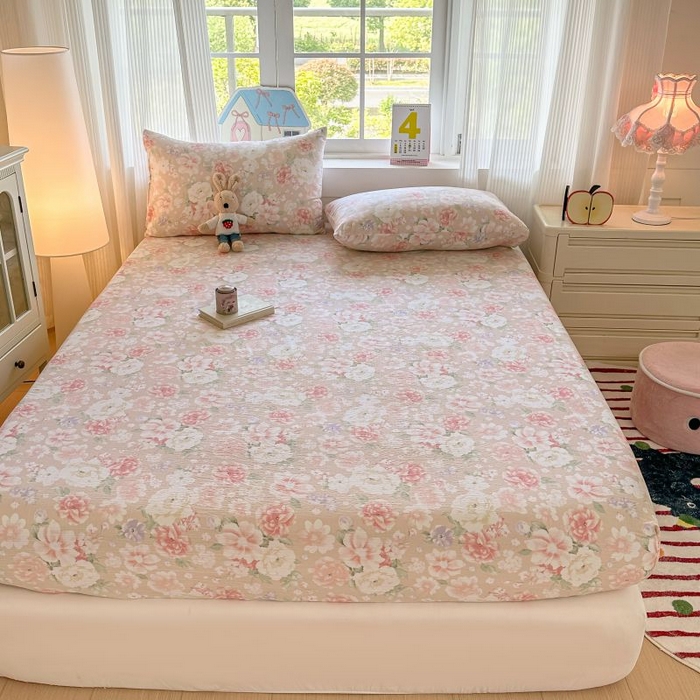 91家纺网 家纺一手货源 找家纺 温眠家纺 2025春夏新款云感棉双层纱床笠单床笠枕套三件套 国色芳华