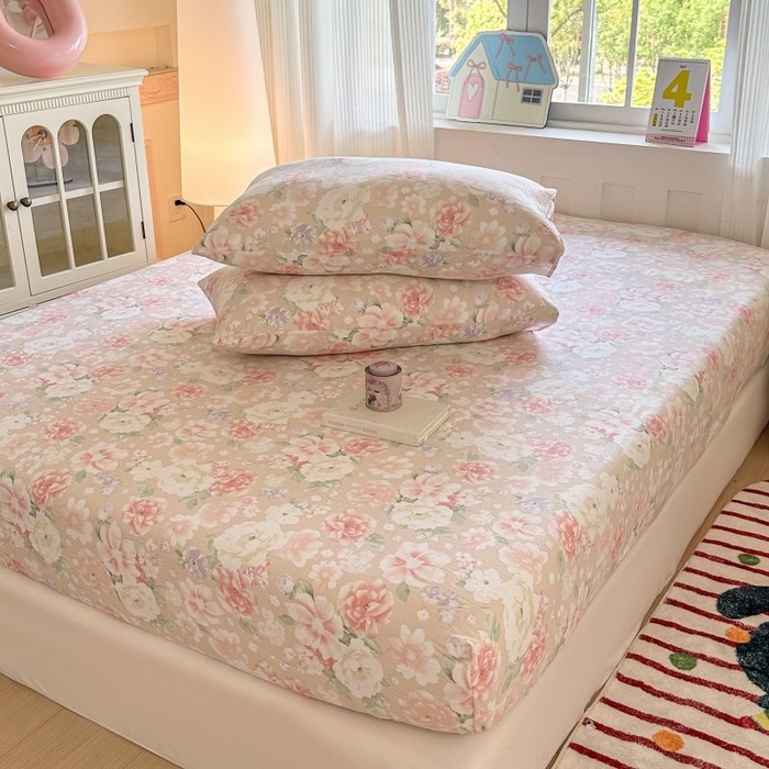 91家纺网 家纺一手货源 找家纺 温眠家纺 2025春夏新款云感棉双层纱床笠单床笠枕套三件套 国色芳华