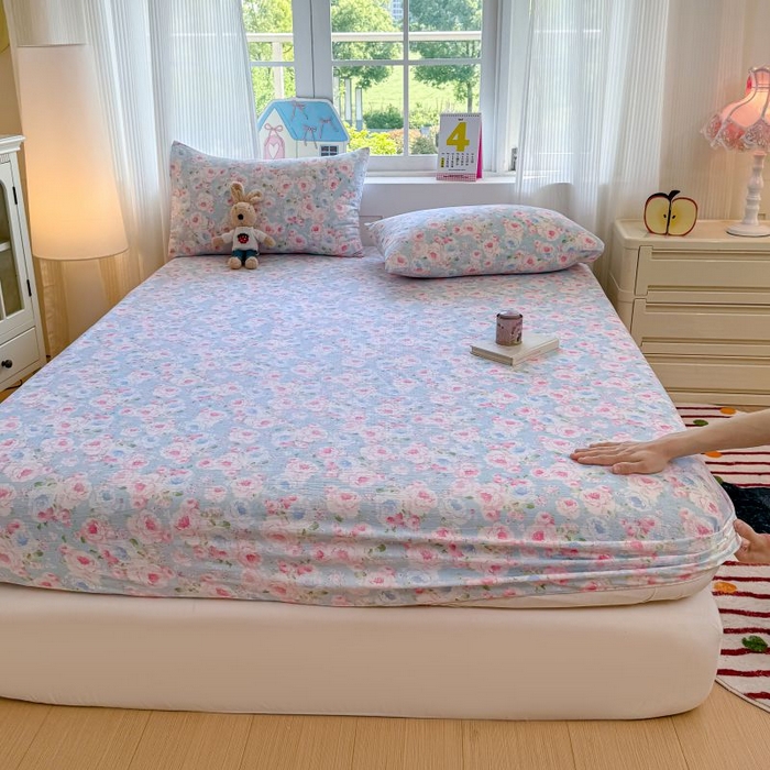 91家纺网 家纺一手货源 找家纺 温眠家纺 2025春夏新款云感棉双层纱床笠单床笠枕套三件套 晚香玉