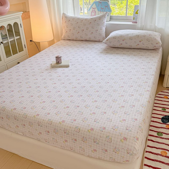 91家纺网 家纺一手货源 找家纺 温眠家纺 2025春夏新款云感棉双层纱床笠单床笠枕套三件套 花漾甜心