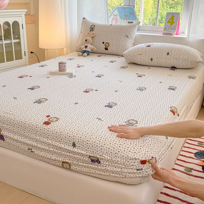 91家纺网 家纺一手货源 找家纺 温眠家纺 2025春夏新款云感棉双层纱床笠单床笠枕套三件套 甜茶