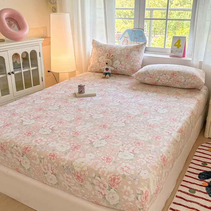 91家纺网 家纺一手货源 找家纺 温眠家纺 2025春夏新款云感棉双层纱床笠单床笠枕套三件套 国色芳华