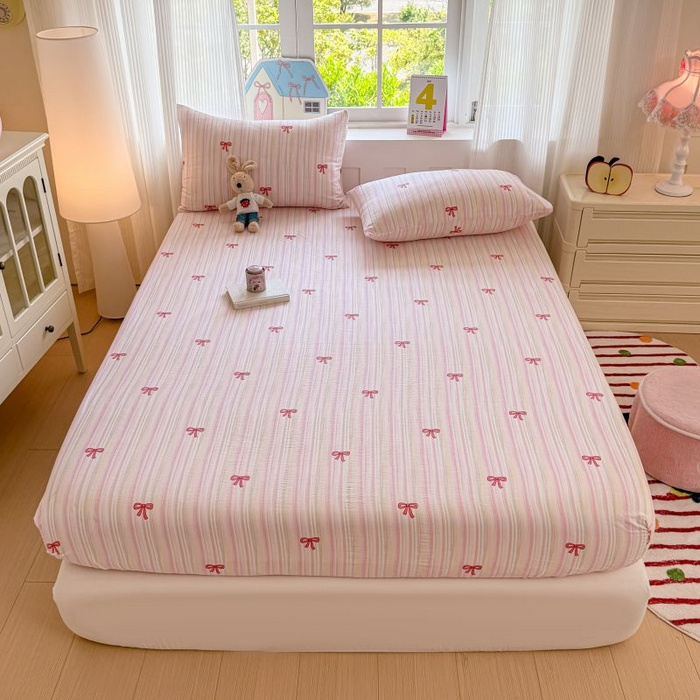 91家纺网 家纺一手货源 找家纺 温眠家纺 2025春夏新款云感棉双层纱床笠单床笠枕套三件套 蝴蝶结