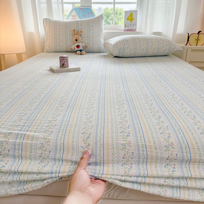 91家纺网 家纺一手货源 找家纺 温眠家纺 2025春夏新款云感棉双层纱床笠单床笠枕套三件套 洛克庄园