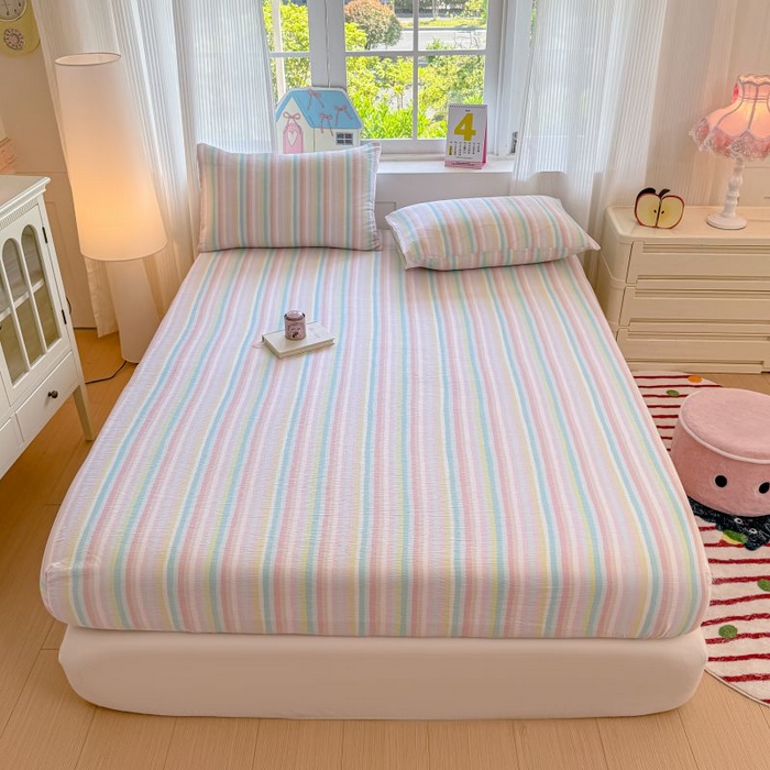 91家纺网 家纺一手货源 找家纺 温眠家纺 2025春夏新款云感棉双层纱床笠单床笠枕套三件套 遇见彩虹