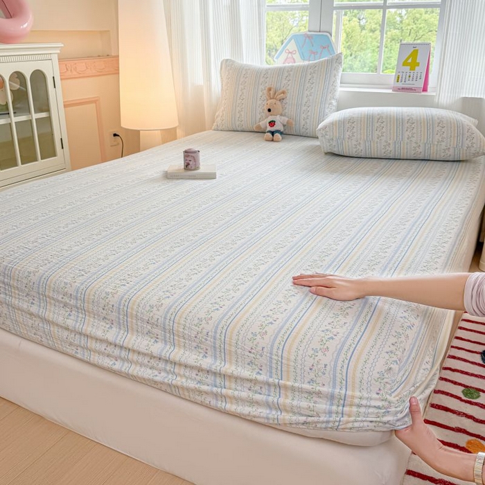 91家纺网 家纺一手货源 找家纺 温眠家纺 2025春夏新款云感棉双层纱床笠单床笠枕套三件套 洛克庄园