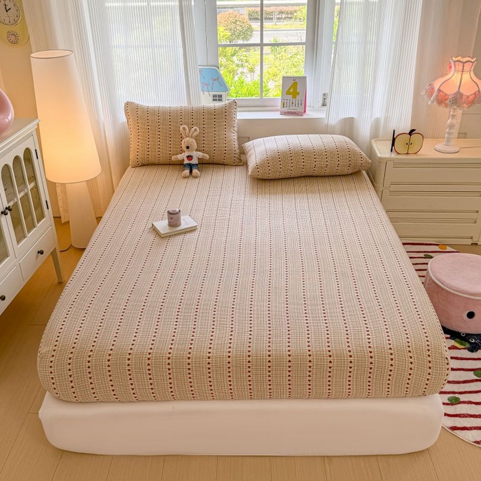 91家纺网 家纺一手货源 找家纺 温眠家纺 2025春夏新款云感棉双层纱床笠单床笠枕套三件套 相思红豆