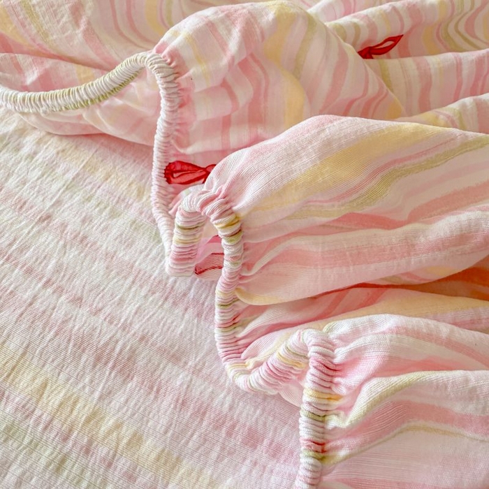 91家纺网 家纺一手货源 找家纺 温眠家纺 2025春夏新款云感棉双层纱床笠单床笠枕套三件套 蝴蝶结