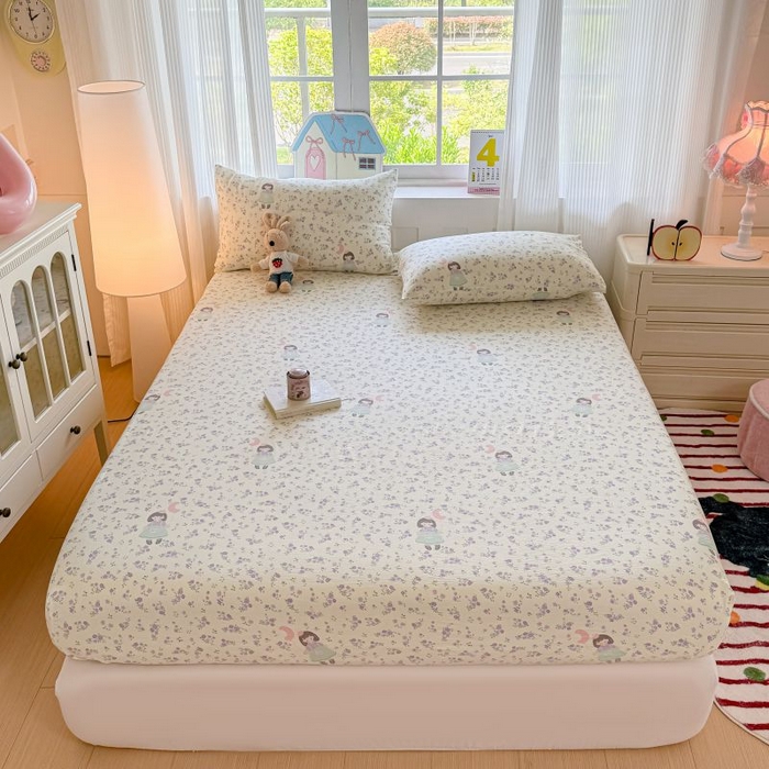 91家纺网 家纺一手货源 找家纺 温眠家纺 2025春夏新款云感棉双层纱床笠单床笠枕套三件套 思念女孩