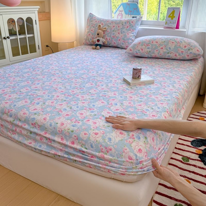 91家纺网 家纺一手货源 找家纺 温眠家纺 2025春夏新款云感棉双层纱床笠单床笠枕套三件套 晚香玉