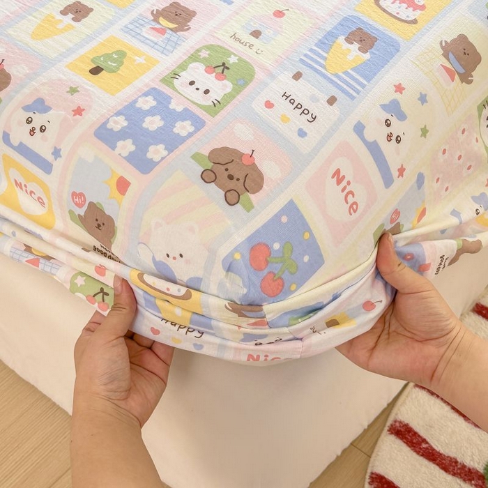 91家纺网 家纺一手货源 找家纺 温眠家纺 2025春夏新款云感棉双层纱床笠单床笠枕套三件套 春日花花