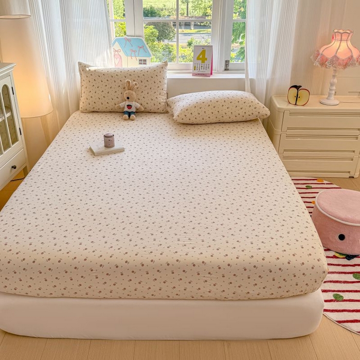 91家纺网 家纺一手货源 找家纺 温眠家纺 2025春夏新款云感棉双层纱床笠单床笠枕套三件套 旧梦难续