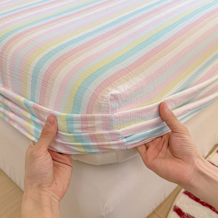 91家纺网 家纺一手货源 找家纺 温眠家纺 2025春夏新款云感棉双层纱床笠单床笠枕套三件套 遇见彩虹