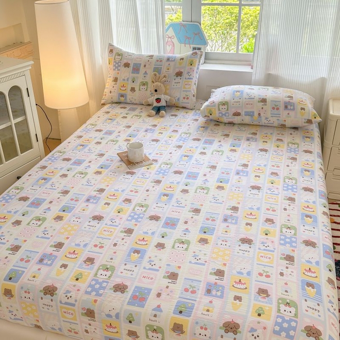 91家纺网 家纺一手货源 找家纺 温眠家纺 2025春夏新款云感棉双层纱床笠单床笠枕套三件套 春日花花