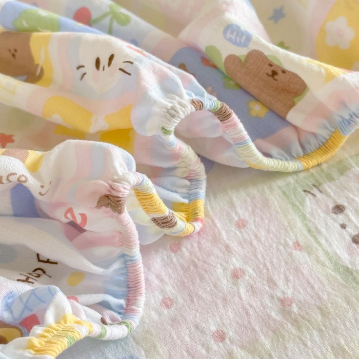 91家纺网 家纺一手货源 找家纺 温眠家纺 2025春夏新款云感棉双层纱床笠单床笠枕套三件套 春日花花