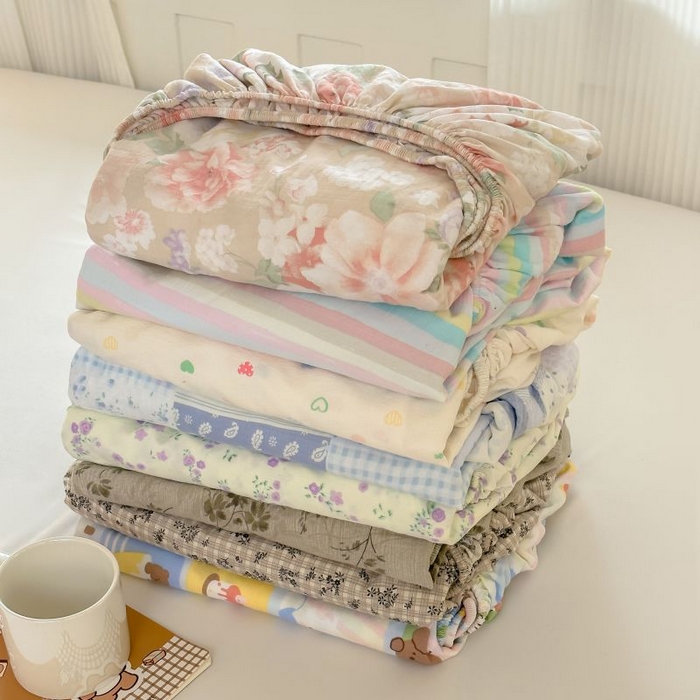 91家纺网 家纺一手货源 找家纺 温眠家纺 2025春夏新款云感棉双层纱床笠单床笠枕套三件套 组合