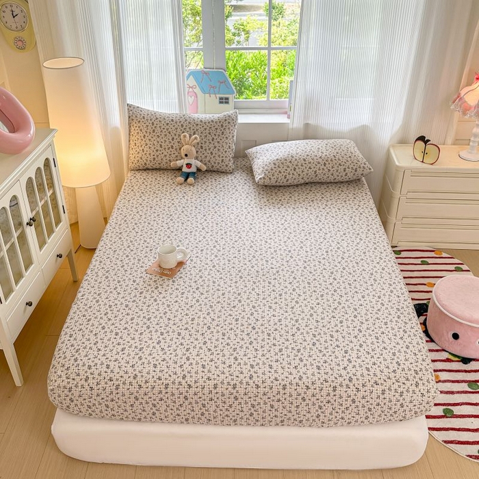 91家纺网 家纺一手货源 找家纺 温眠家纺 2025春夏新款云感棉双层纱床笠单床笠枕套三件套 失约温柔