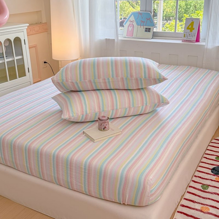 91家纺网 家纺一手货源 找家纺 温眠家纺 2025春夏新款云感棉双层纱床笠单床笠枕套三件套 遇见彩虹