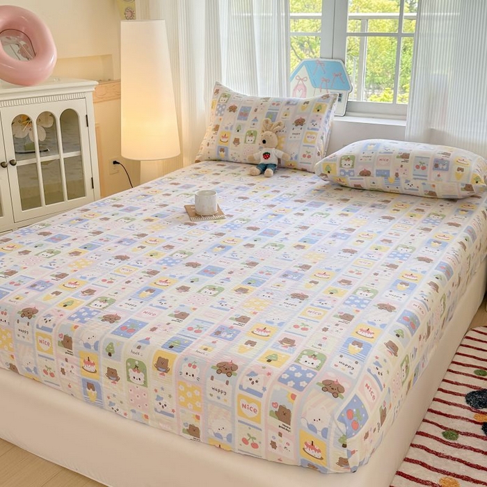 91家纺网 家纺一手货源 找家纺 温眠家纺 2025春夏新款云感棉双层纱床笠单床笠枕套三件套 春日花花